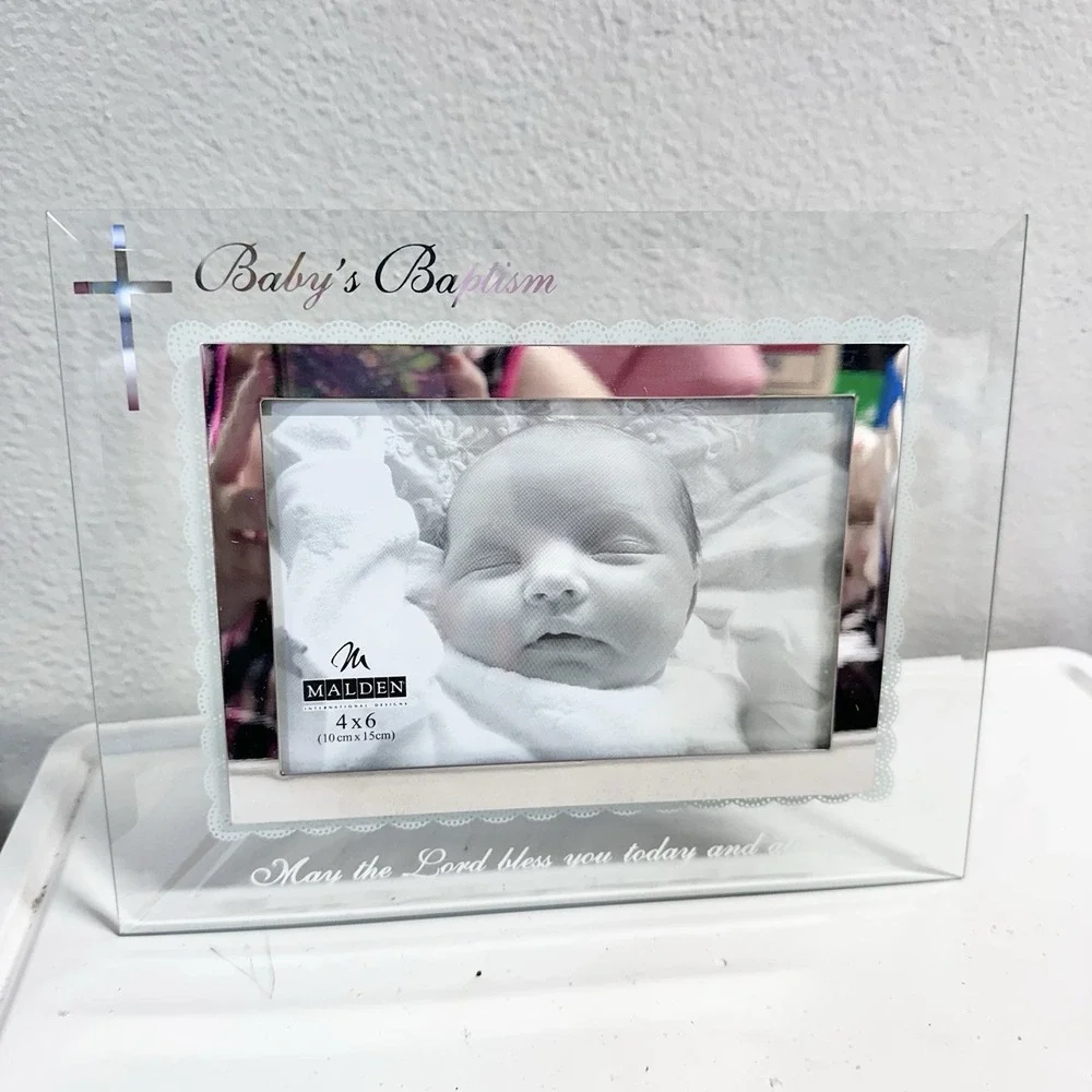 Malden Baby's Baptism Mirrored Glass Photo Frame Cross Religious Keepsake